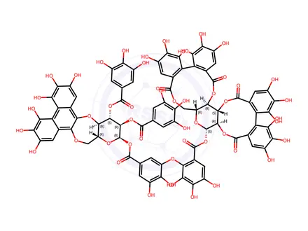 Chemical structure of See R-D-Glucopyranose,cyclic 2,3:4,6-bis[(1S)-4,4',5,5',6,6'-hexahydroxy[1,1'-biphenyl]-2,2'-dicarboxylate] 1-[2-[5-[[[4,6-O-[[(1S)-4,4',5,5',6,6'-hexahydroxy[1,1'-biphenyl]-2,2'-diyl]-dicarbonyl]-2,3-bis-O-(3,4,5-trihydroxybenzoyl)-a-D-glucopyranosyl]oxy]carbonyl]-2,-3-dihydroxyphenoxy]-3,4,5-trihydroxybenzoate]