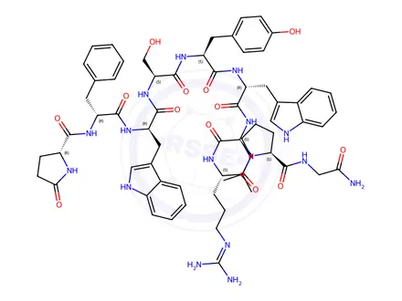 Chemical structure of (S)-N-(2-Amino-2-oxoethyl)-1-(((R)-5-oxopyrrolidine-2-carbonyl)-D-phenylalanyl-D-tryptophyl-L-seryl-L-tyrosyl-D-tryptophyl-L-leucyl-L-arginyl)pyrrolidine-2-carboxamide
