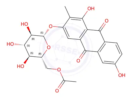 Chemical structure of 1,3,6-trihydroxy-2-methyl-9,10-anthraquinone-3-O-(6'-acetylglucoside)