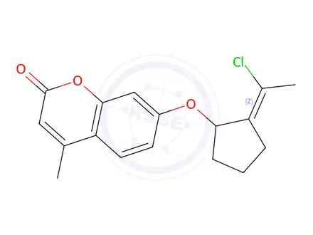 Chemical structure of (E)-7-((2-(1-chloroethylidene)cyclopentyl)oxy)-4-methyl-2H-chromen-2-one