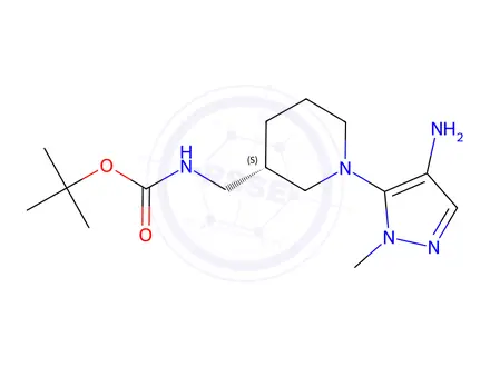 Chemical structure of (S)-tert-Butyl ((1-(4-amino-1-methyl-1H-pyrazol-5-yl)piperidin-3-yl)methyl)carbamate