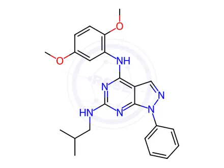 Chemical structure of 4-N-(2,5-dimethoxyphenyl)-6-N-(2-methylpropyl)-1-phenylpyrazolo[3,4-d]pyrimidine-4,6-diamine