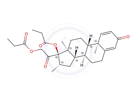 Chemical structure of 2-oxo-2-((8R,9S,10R,13S,14S,16S,17R)-10,13,16-trimethyl-3-oxo-17-(propionyloxy)-6,7,8,9,10,11,12,13,14,15,16,17-dodecahydro-3H-cyclopenta[a]phenanthren-17-yl)ethyl propionate