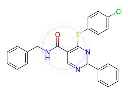 Chemical structure of N-Benzyl-4-[(4-chlorophenyl)sulfanyl]-2-phenylpyrimidine-5-carboxamide