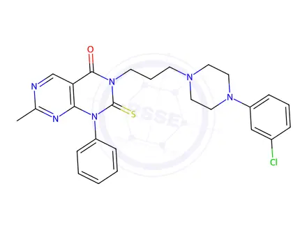 Chemical structure of 8-[3-[4-(3-chlorophenyl)piperazin-1-yl]propyl]-3-methyl-10-phenyl-9-su lfanylidene-2,4,8,10-tetrazabicyclo[4.4.0]deca-1,3,5-trien-7-one