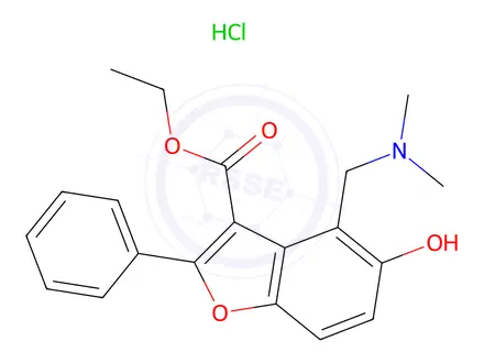 Chemical structure of Ethyl 4-((dimethylamino)methyl)-5-hydroxy-2-phenylbenzofuran-3-carboxylate hydrochloride