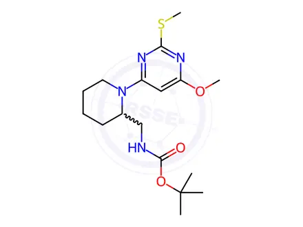 Chemical structure of [1-(6-Methoxy-2-Methylsulfanyl-pyriMidin-4-yl)-piperidin-2-ylMethyl]-carbaMic acid tert-butyl ester