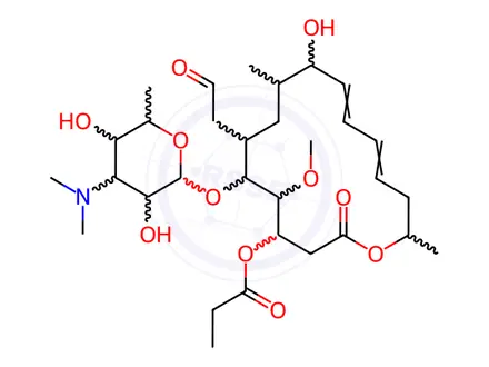 Chemical structure of Leucomycin V, 4A-O-de(2,6-dideoxy-3-C-methyl-α-L-ribo-hexopyranosyl)-, 3-propanoate (9CI)