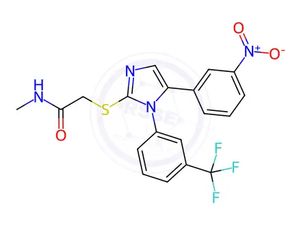 Chemical structure of N-methyl-2-[5-(3-nitrophenyl)-1-[3-(trifluoromethyl)phenyl]imidazol-2-yl]sulfanylacetamide