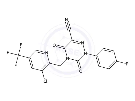 Chemical structure of 4-((3-Chloro-5-(trifluoromethyl)pyridin-2-yl)methyl)-2-(4-fluorophenyl)-3,5-dioxo-2,3,4,5-tetrahydro-1,2,4-triazine-6-carbonitrile