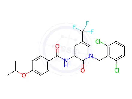 Chemical structure of N-{1-[(2,6-dichlorophenyl)methyl]-2-oxo-5-(trifluoromethyl)-1,2-dihydropyridin-3-yl}-4-(propan-2-yloxy)benzamide