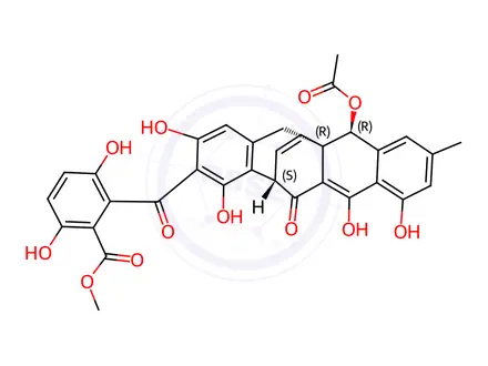 Chemical structure of Benzoic acid, 2-[[(5aR,6S,13S)-6-(acetyloxy)-5,6,12,13-tetrahydro-1,3,10,11-tetrahydroxy-8-methyl-12-oxo-5a,13-etheno-5aH-benzo[4,5]cyclohepta[1,2-b]naphthalen-2-yl]carbonyl]-3,6-dihydroxy-, methyl ester, rel-