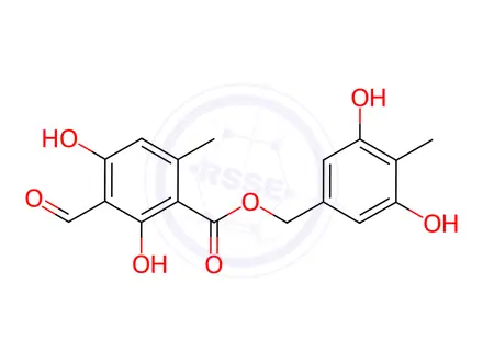Chemical structure of Benzoic acid, 3-formyl-2,4-dihydroxy-6-methyl-, (3,5-dihydroxy-4-methylphenyl)methyl ester