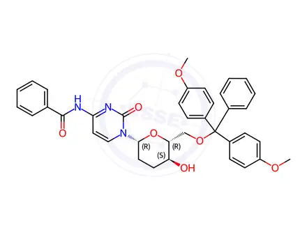 Chemical structure of N4-Benzoyl-1-(6-O-DMTr-2,3-dideoxy-beta-D-erythro-hexopyranosyl)cytosine
