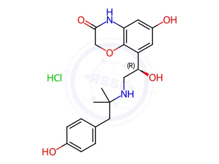 Chemical structure of 2H-1,4-Benzoxazin-3(4H)-one, 6-hydroxy-8-[(1R)-1-hydroxy-2-[[2-(4-hydroxyphenyl)-1,1-dimethylethyl]amino]ethyl]-, hydrochloride (1:1)