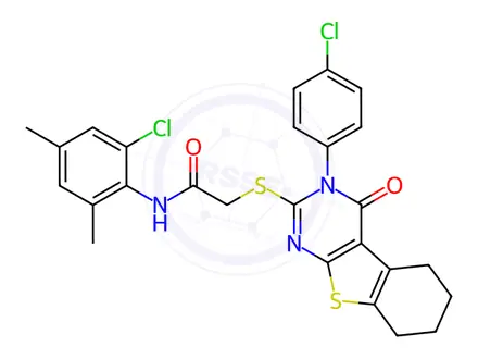 Chemical structure of N-(2-Chloro-4,6-dimethylphenyl)-2-((3-(4-chlorophenyl)-4-oxo-3,4,5,6,7,8-hexahydrobenzo[4,5]thieno[2,3-d]pyrimidin-2-yl)thio)acetamide