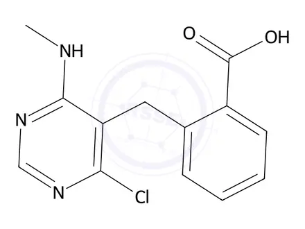 Chemical structure of 2-((4-Chloro-6-(methylamino)pyrimidin-5-yl)methyl)benzoic acid