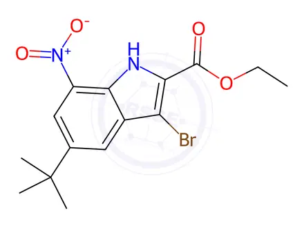 Chemical structure of ethyl 3-bromo-5-(tert-butyl)-7-nitro-1H-indole-2-carboxylate