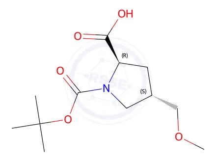 Chemical structure of (2R,4S)-1-(tert-Butoxycarbonyl)-4-(methoxymethyl)pyrrolidine-2-carboxylic Acid