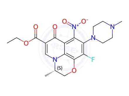 Chemical structure of Ethyl (S)-10-fluoro-3-methyl-9-(4-methylpiperazin-1-yl)-8-nitro-7-oxo-2,3-dihydro-7H-[1,4]oxazino[2,3,4-ij]quinoline-6-carboxylate