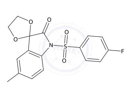 Chemical structure of 1-(4-Flourobenzenesulfonyl)-3-(1,3-dioxolynyl)-5-methyl-1,3-dihydro-2H-indol-2-one