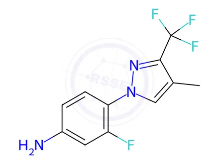 Chemical structure of 3-fluoro-4-[4-methyl-3-(trifluoromethyl)-1H-pyrazol-1-yl]aniline