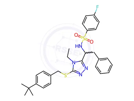 Chemical structure of N-(1-(5-((4-(tert-butyl)benzyl)thio)-4-ethyl-4H-1,2,4-triazol-3-yl)-2-phenylethyl)-4-fluorobenzenesulfonamide