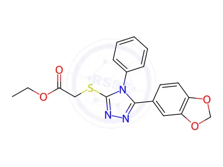 Chemical structure of Acetic acid, 2-[[5-(1,3-benzodioxol-5-yl)-4-phenyl-4H-1,2,4-triazol-3-yl]thio]-, ethyl ester