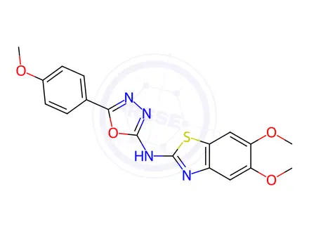 Chemical structure of N-(5,6-Dimethoxybenzo[d]thiazol-2-yl)-5-(4-methoxyphenyl)-1,3,4-oxadiazol-2-amine