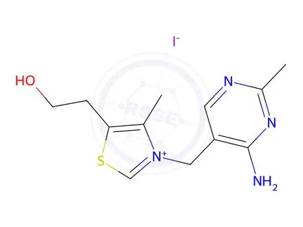Chemical structure of 3-[(4-amino-2-methylpyrimidin-5-yl)methyl]-5-(2-hydroxyethyl)-4-methylthiazolium iodide