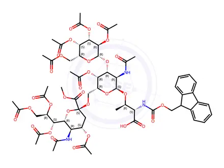 Chemical structure of Fmoc-Thr((Ac4Galβ1-3)Me,Ac4Neu5Acα2-6AcGalNAcα)-OH
