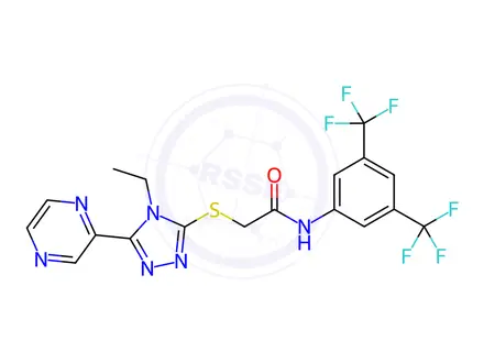 Chemical structure of N-(3,5-Bis(trifluoromethyl)phenyl)-2-((4-ethyl-5-(pyrazin-2-yl)-4H-1,2,4-triazol-3-yl)thio)acetamide