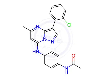 Chemical structure of N-(4-((3-(2-Chlorophenyl)-5-methylpyrazolo[1,5-a]pyrimidin-7-yl)amino)phenyl)acetamide