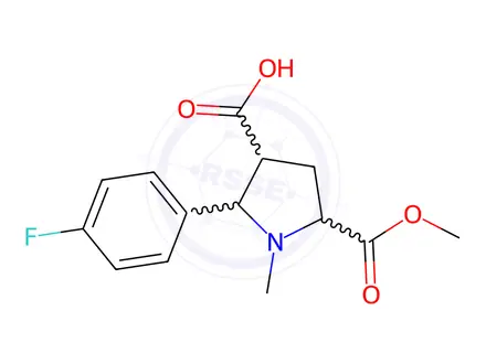 Chemical structure of 2-(4-Fluorophenyl)-5-(methoxycarbonyl)-1-methyl-3-pyrrolidinecarboxylic acid