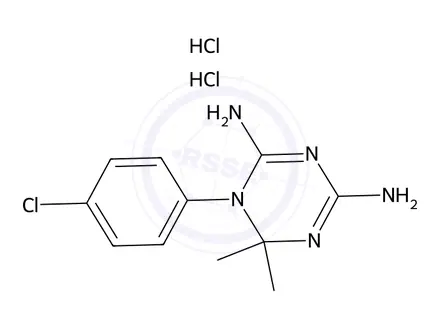 Chemical structure of 1-(4-Chlorophenyl)-6,6-dimethyl-1,6-dihydro-1,3,5-triazine-2,4-diamine dihydrochloride