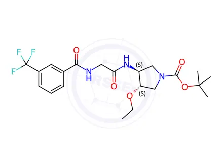 Chemical structure of (3S,4S)-tert-Butyl 3-ethoxy-4-(2-(3-(trifluoromethyl)-benzamido)acetamido)pyrrolidine-1-carboxylate