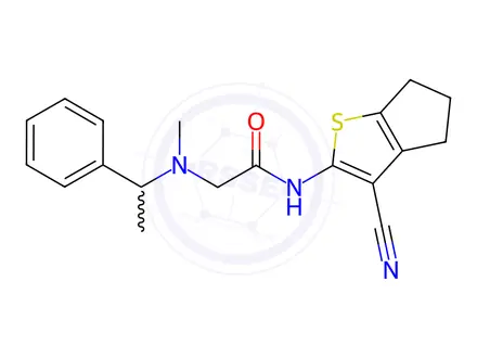 Chemical structure of N-(3-Cyano-5,6-dihydro-4H-cyclopenta[b]thiophen-2-yl)-2-(methyl(1-phenylethyl)amino)acetamide