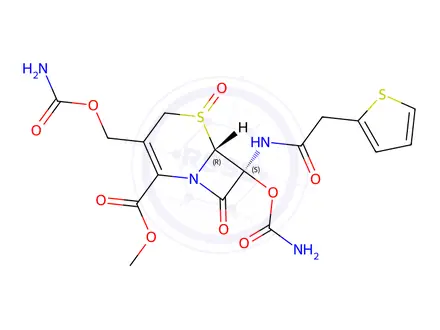 Chemical structure of (6R,7S)-methyl 7-(carbamoyloxy)-3-((carbamoyloxy)methyl)-8-oxo-7-(2-(thiophen-2-yl)acetamido)-5-thia-1-azabicyclo[4.2.0]oct-2-ene-2-carboxylate 5-oxide