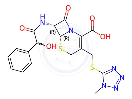 Chemical structure of (6R,7R)-7-(2-hydroxy-2-phenylacetamido)-3-(((1-methyl-1H-tetrazol-5-yl)thio)methyl)-8-oxo-5-thia-1-azabicyclo[4.2.0]oct-2-ene-2-carboxylic acid