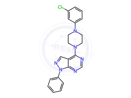Chemical structure of 4-(4-(3-chlorophenyl)piperazin-1-yl)-1-phenyl-1H-pyrazolo[3,4-d]pyrimidine