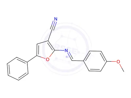 Chemical structure of (E)-2-((4-methoxybenzylidene)amino)-5-phenylfuran-3-carbonitrile