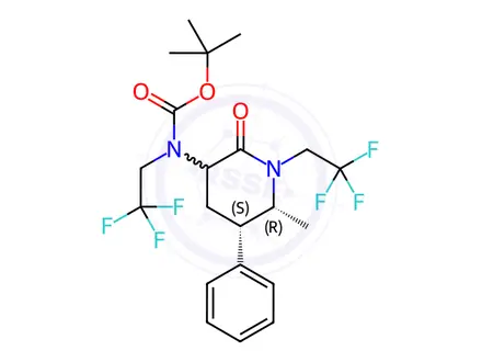 Chemical structure of tert-Butyl ((5S,6R)-6-methyl-2-oxo-5-phenyl-1-(2,2,2-trifluoroethyl)piperidin-3-yl)(2,2,2-trifluoroethyl)carbamate