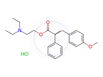 Chemical structure of diethyl[2-[3-(p-methoxyphenyl)-2-phenylpropionyloxy]ethyl]ammonium chloride