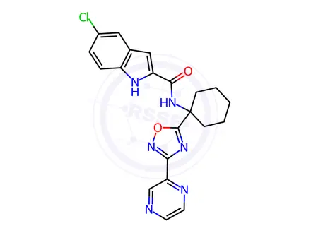 Chemical structure of 5-chloro-N-[1-(3-pyrazin-2-yl-1,2,4-oxadiazol-5-yl)cyclohexyl]-1H-indole-2-carboxamide