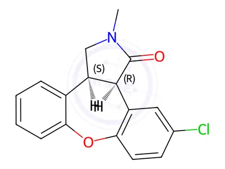 Chemical structure of 1H-Dibenz[2,3:6,7]oxepino[4,5-c]pyrrol-1-one, 11-chloro-2,3,3a,12b-tetrahydro-2-Methyl-, (3aR,12bS)-rel-