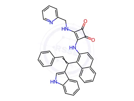 Chemical structure of (Z)-3-((1-(1-(1H-Indol-3-yl)-2-phenylvinyl)naphthalen-2-yl)amino)-4-((pyridin-2-ylmethyl)amino)cyclobut-3-ene-1,2-dione