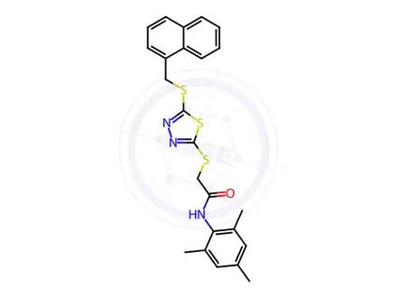 Chemical structure of N-Mesityl-2-((5-((naphthalen-1-ylmethyl)thio)-1,3,4-thiadiazol-2-yl)thio)acetamide