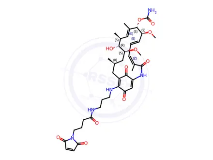 Chemical structure of (4Z,6E,8S,9S,10E,12S,13R,14S,16R)-19-((3-(4-(2,5-dioxo-2,5-dihydro-1H-pyrrol-1-yl)butanamido)propyl)amino)-13-hydroxy-8,14-dimethoxy-4,10,12,16-tetramethyl-3,20,22-trioxo-2-azabicyclo[16.3.1]docosa-1(21),4,6,10,18-pentaen-9-yl carbamate