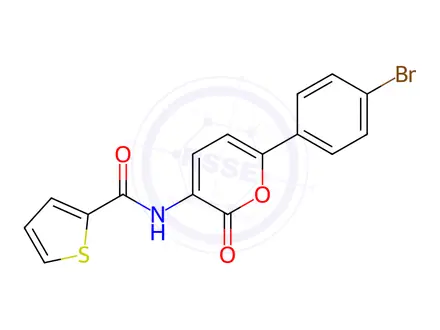 Chemical structure of N-(6-(4-bromophenyl)-2-oxo-2H-pyran-3-yl)thiophene-2-carboxamide