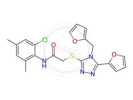 Chemical structure of N-(2-Chloro-4,6-dimethylphenyl)-2-((5-(furan-2-yl)-4-(furan-2-ylmethyl)-4H-1,2,4-triazol-3-yl)thio)acetamide